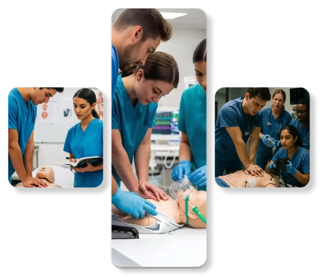 Group of medical professionals practicing CPR techniques on a mannequin during a training session.