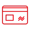Red neon icon of a credit card with a stylized design, featuring a rectangular shape and lines.