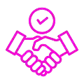 A pink icon representing a handshake with a checkmark above it, symbolizing agreement or partnership.