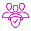 Pink Icon of People with Shield A pink icon representing a group of people with a shield symbol, indicating protection or security.