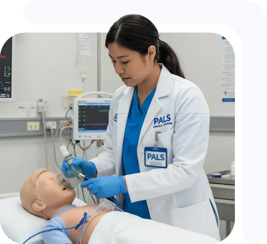 Healthcare professional performing CPR on a simulation manikin in a medical training environment.