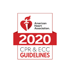 Logo of the American Heart Association featuring a heart and torch with the text '2020 CPR & ECC Guidelines'.