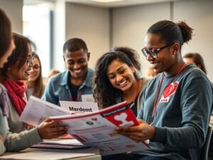 A group of students reading materials related to medical training, including a document labeled 'Merdemt'.
