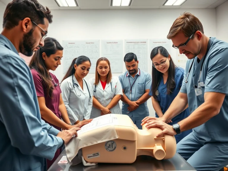 Group of medical professionals practicing CPR techniques on a training dummy in a classroom setting.
